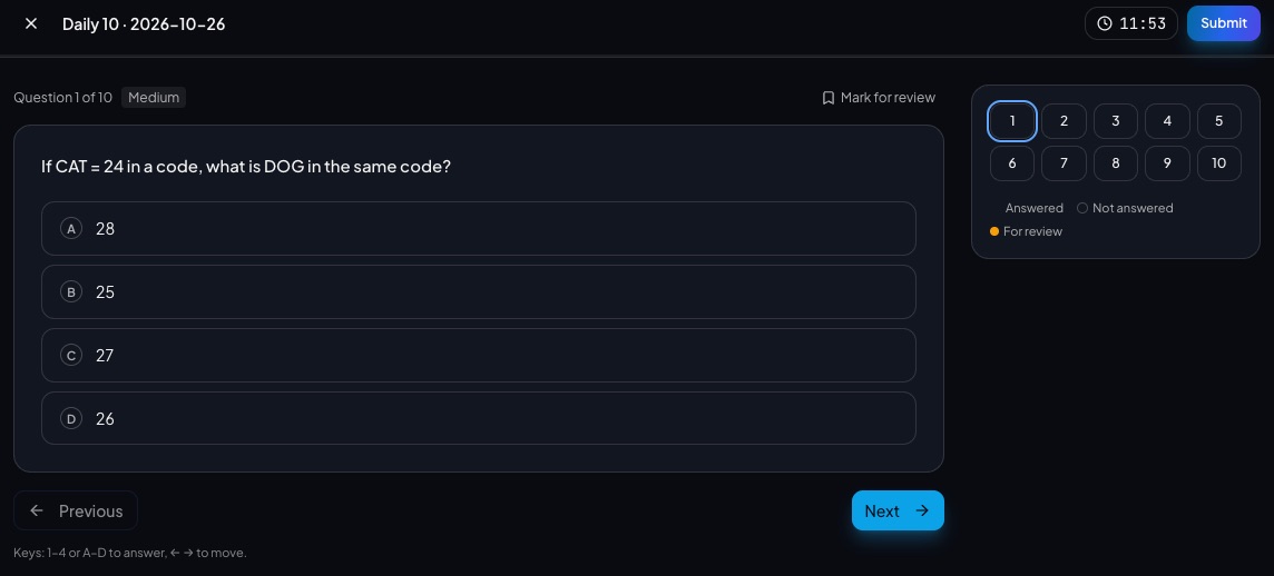 A Daily 10 question on LogicWiz Exams with four options, a timer and a question grid.